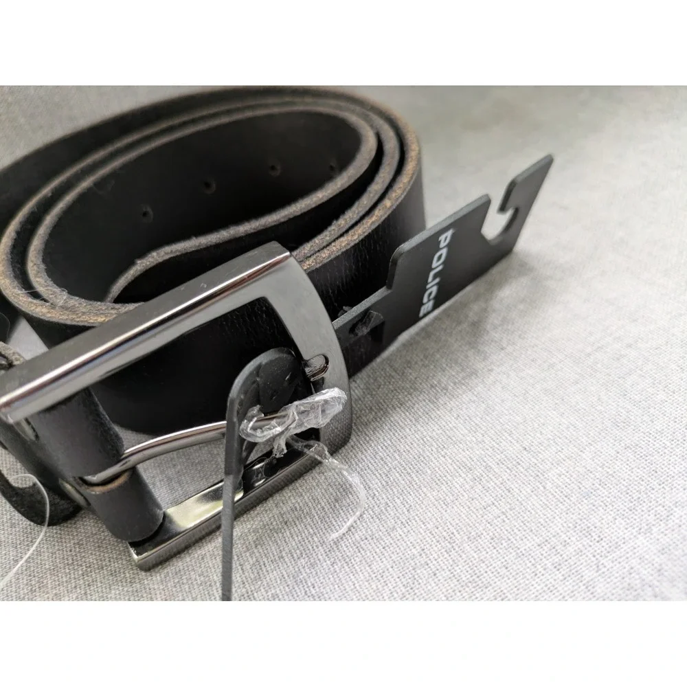 Police Genuine Black Leather Belt Silver Buckle Unisex‎ 35-39 Inch NEW